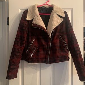 AE Plaid Faux Shearling Moto Jacket